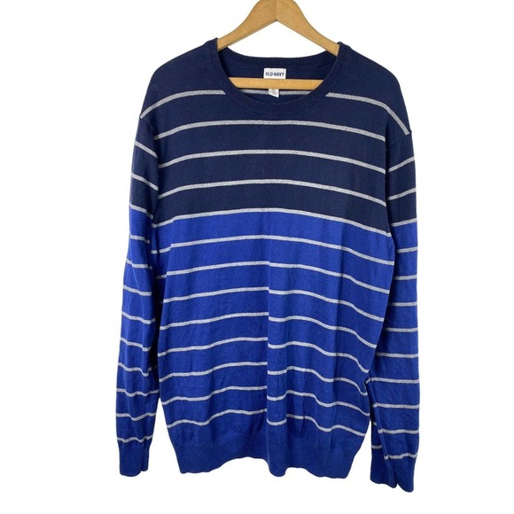 Old Navy XXL 2XL Sweater Mens Blue Gray Stripe Long Sleeve Pullover Knit - Picture 1 of 6